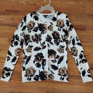 GEORGE WHITE BACKGROUND BLACK/TAN FLORAL CARDIGAN BUTTON UP SWEATER SIZE S NWOT